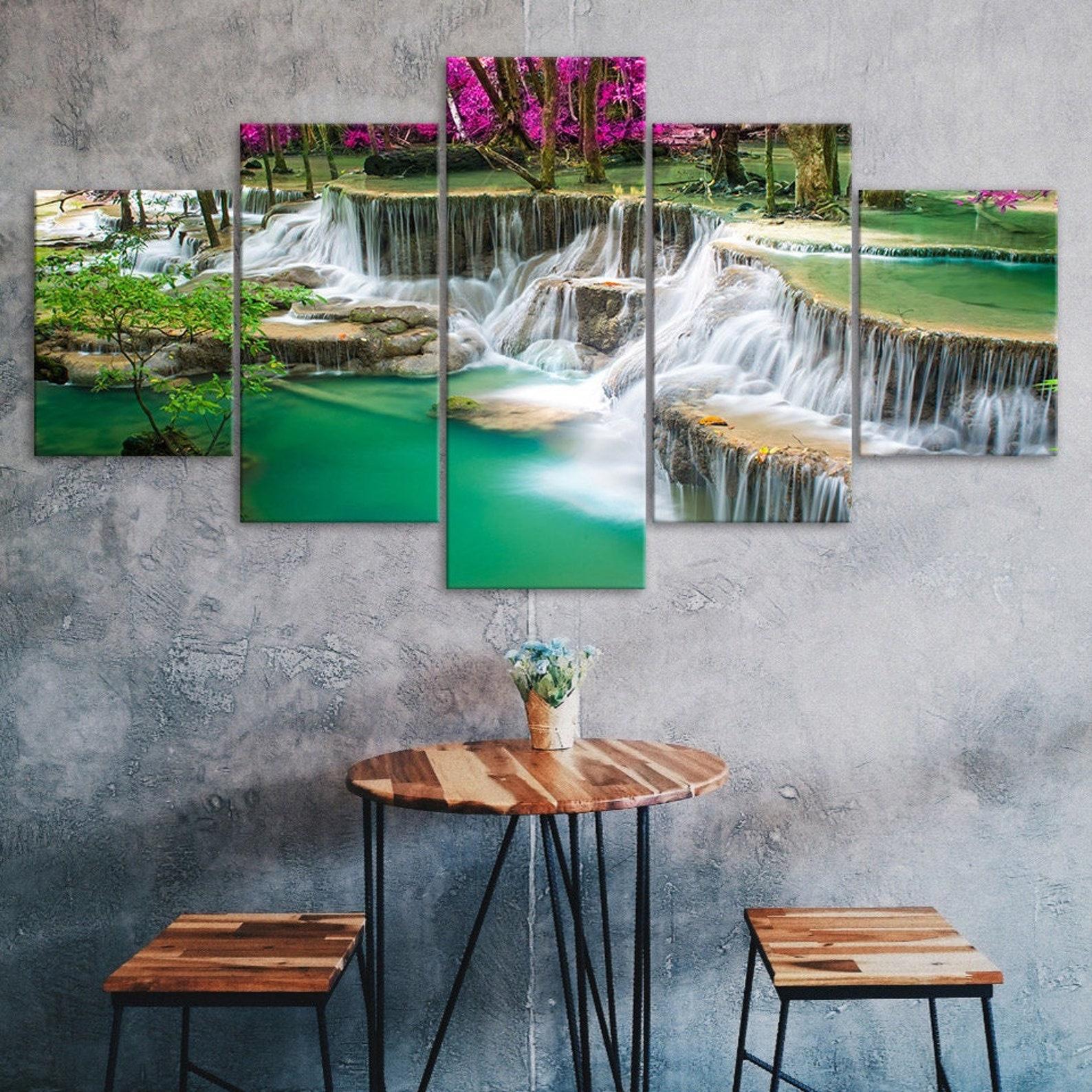 

Green Lake Waterfall Forest Canvas 5 Piece Five Panel Wall Print Modern Art Poster Picture Home Decor Gift For Him For Her 20X35 20X45 20X55CM