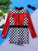 Girls Race Car Racer Costume Long Sleeve Checkerboard Print Back Zipper Short Jumpsuit Cosplay Costume