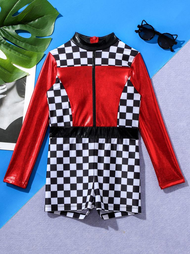 Girls Race Car Racer Costume Long Sleeve Checkerboard Print Back Zipper Short Jumpsuit Cosplay Costume