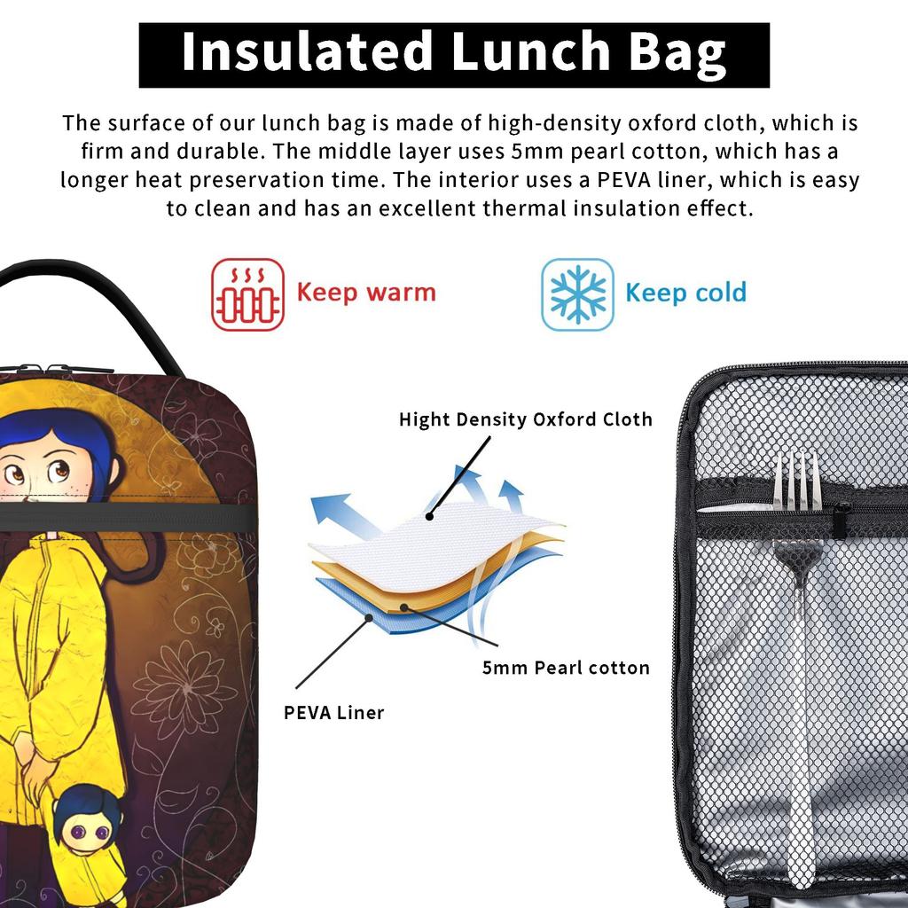 Coraline Moon Manga Lunch Bag Cute Lunch Box For Child Outdoor Picnic Cooler Bag Oxford Thermal Lunch Bags