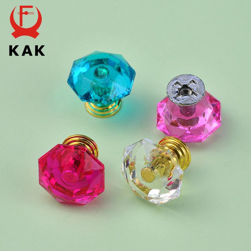 KAK Acrylic Crystal Diamond Furniture Knobs 26mm Colorful Kitchen Cabinet Handles Black Drawer Knobs Door Pull Furniture Hardwar