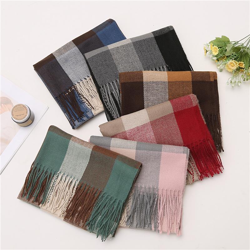 Unisex Korean Plaid Thick Winter Scarf with Tassels - Imitation Cashmere Shawl