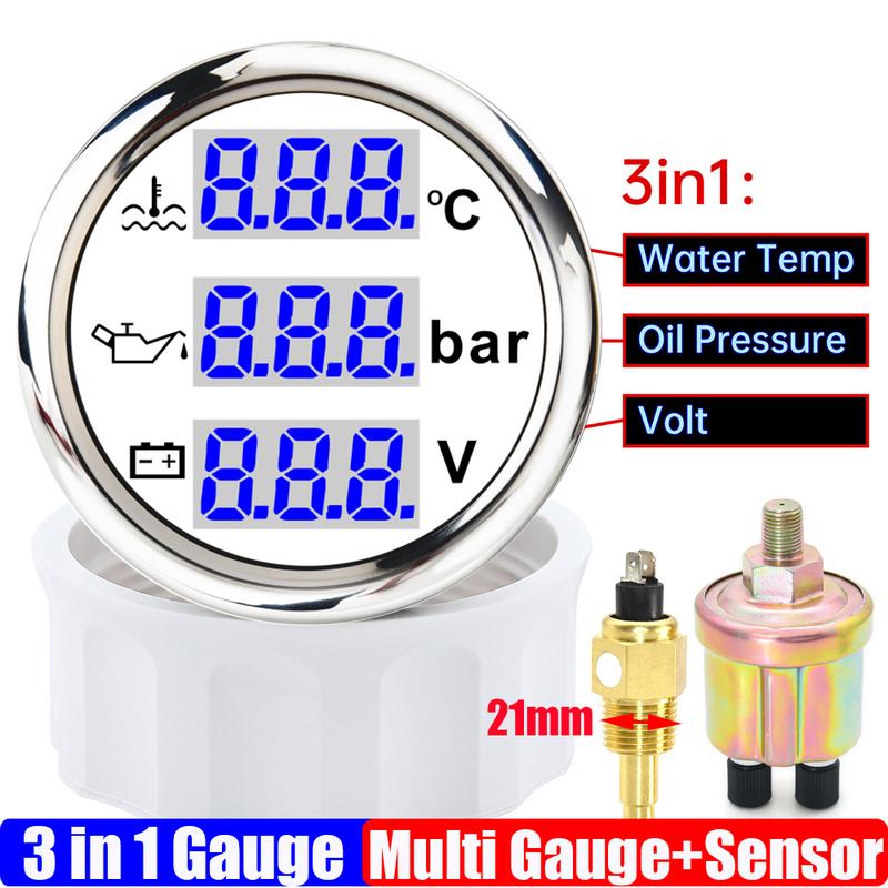 Blauer LED Digitaler 52mm Messgerät mit Alarm 0~120℃ Wassertemperaturanzeige+Öldruck+Spannung mit Öl-/Wassertemperatursensor