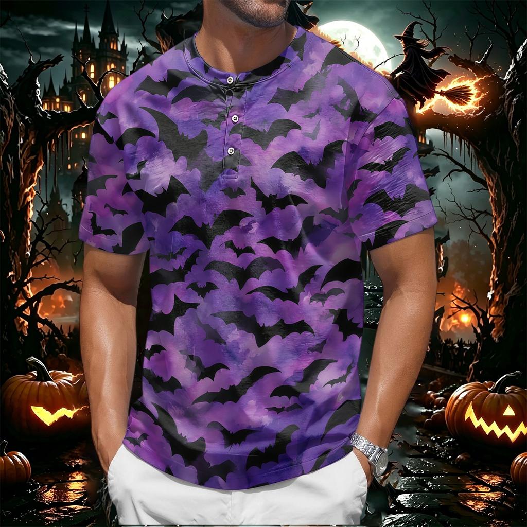 Men's Halloween Print Short Sleeve Henley Shirt Casual Button Up Top with Pumpkin Pattern Lightweight Breathable Fabric for Everyday Wear