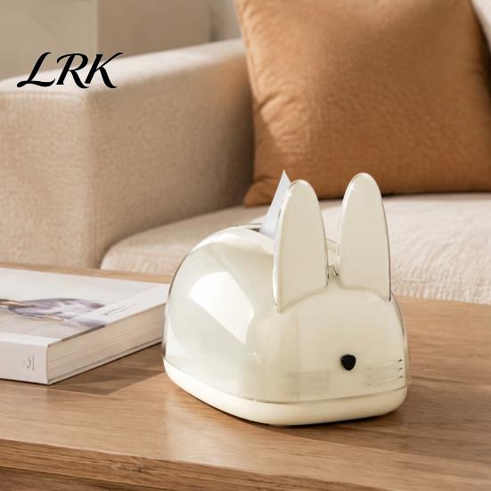Bedroom Bedside Table Accessory Cute Rabbit Shape Tissue Box, Decorative Plastic Facial Dispenser, Round Bunny Ear Box Cream Style Napkin Case
