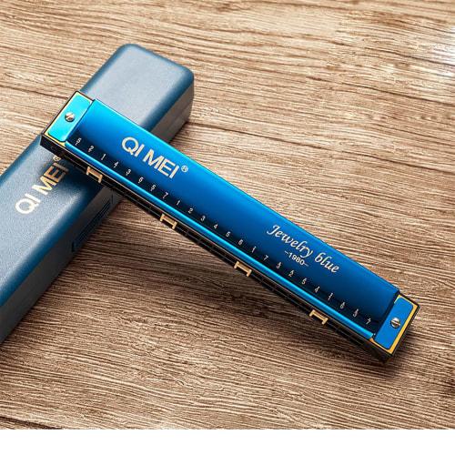 

QIMEI Blues Harmonica, 10, 24, 28 Holes, Stainless Steel, C Key, Airtight, Set Case for Beginners and Advanced Players (Jewel Blue, 24 Holes)