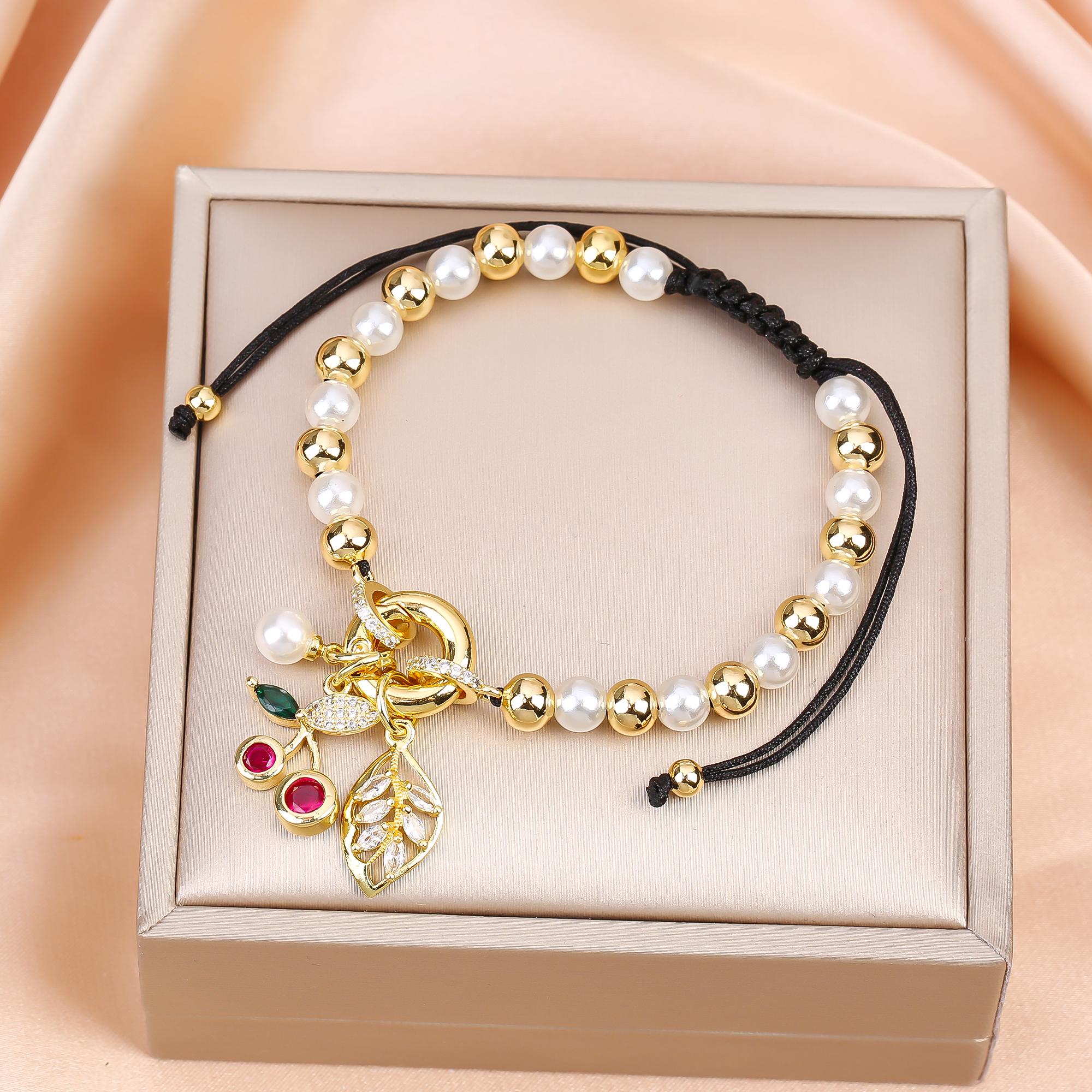 

Adjustable Gold-Plated Copper Bead Pearl Chain Crystal Zircon Cherry Bracelet Charming for Women Daily Party Fruit Zircon Gifts