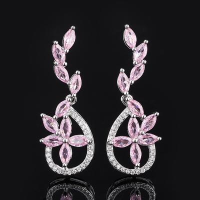 Clou d'oreille en zircon rose micro-incrusté français en zirconium rose long pompon fleur de banquet aiguille en argent S925