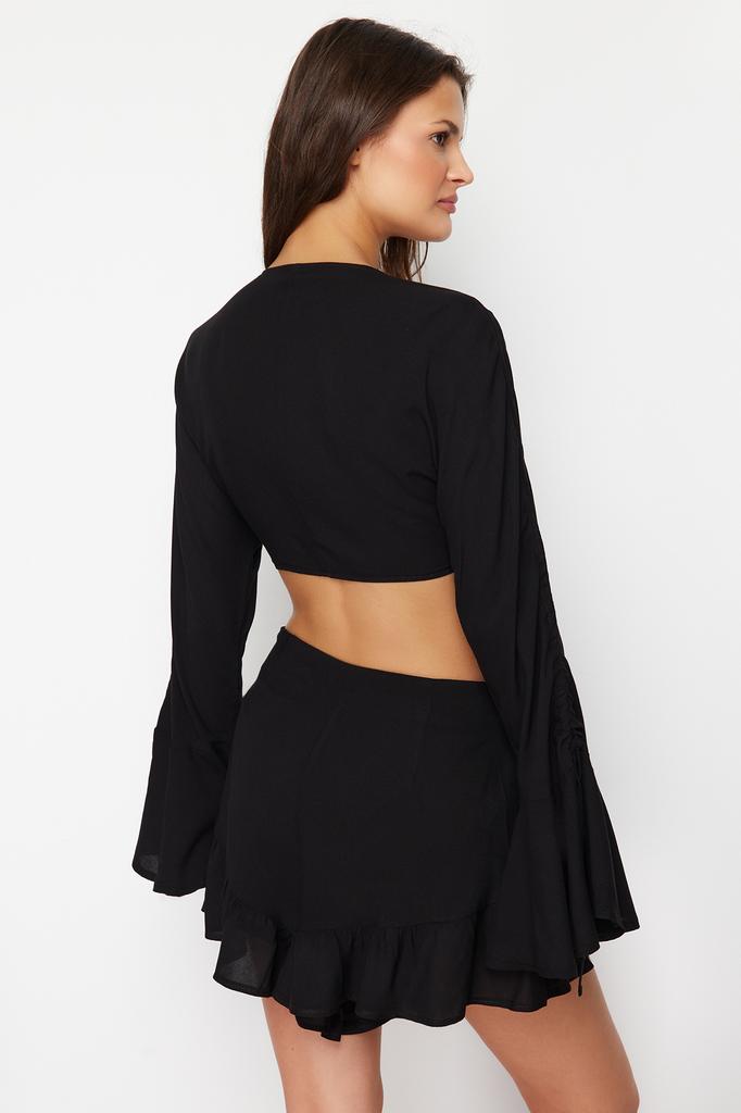 Damenmode Neues Oberteil-Unterteil-Set Schwarz Gewebte Rüschenbluse Shorts Set