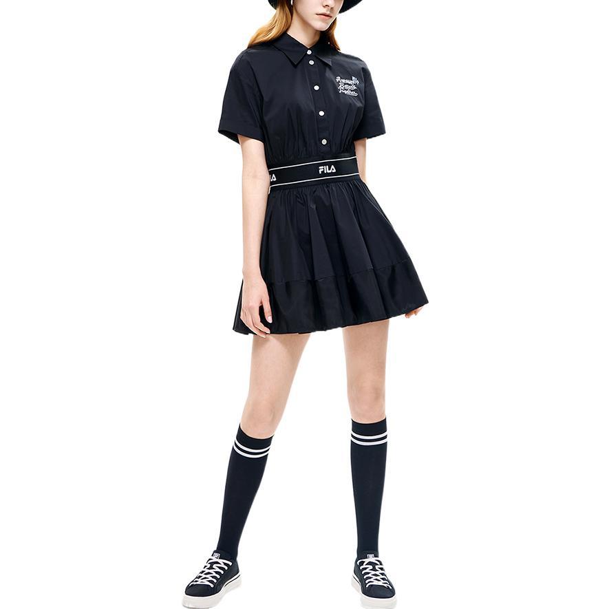 Fila Printed Letter Logo Fashion Casual College Style Loose Waist Belt Short Sleeve Dress Women Dresses Black F11W229318FBK