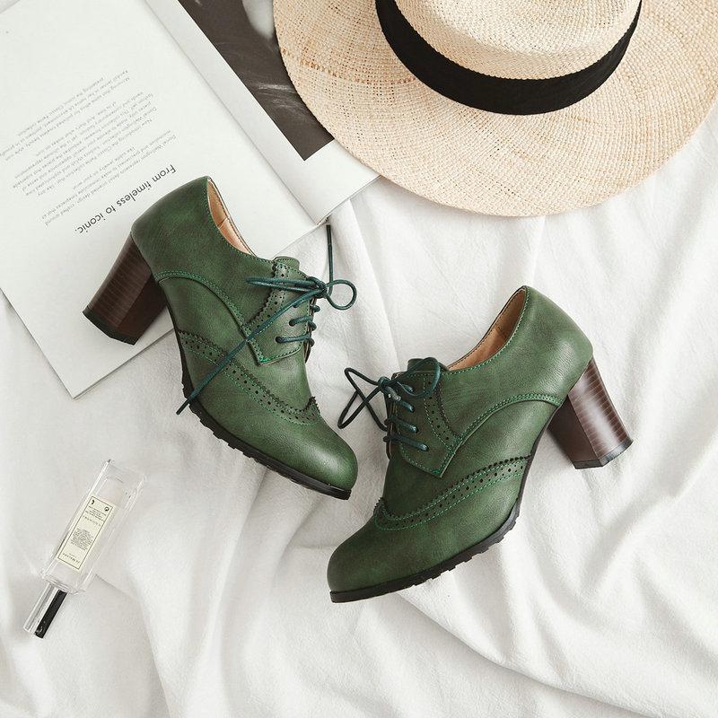 Fashion Women's Pump Shallow Brogue Shoe Vintage Chunky Heel Cut Out Oxford Shoes Woman Lace Up Female Fashion Elegant Ladies Short Boot