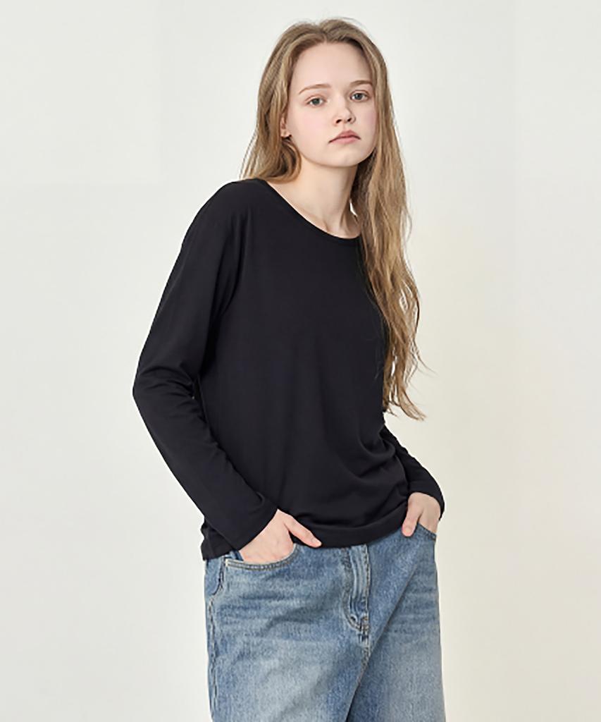 BASIC HOUSE Women'S Flowy Spandex U-Neck Oversized Long Sleeve T-Shirt Black