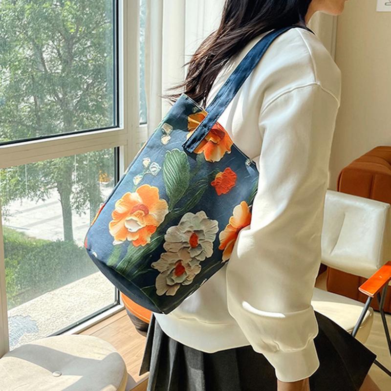 Yogodlns New Fashion Floral Pattern Bucket Bag Canvas Casual Shoulder Bag Large Capacity Creative Handbag for Women
