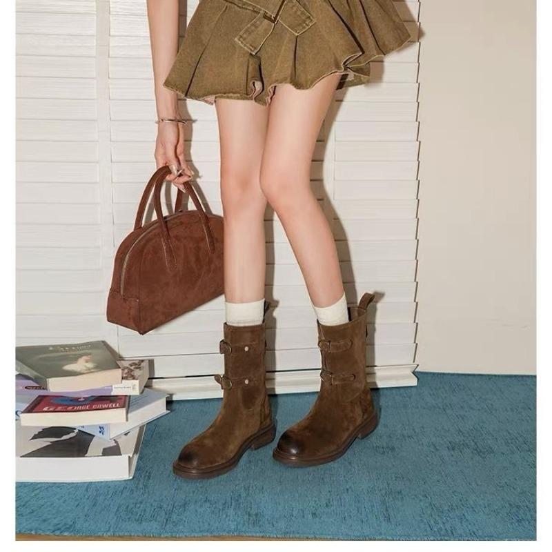 Fashion Retro Belt Buckle Skinny Booties Women's Mid Cylinder Motorcycle Boots