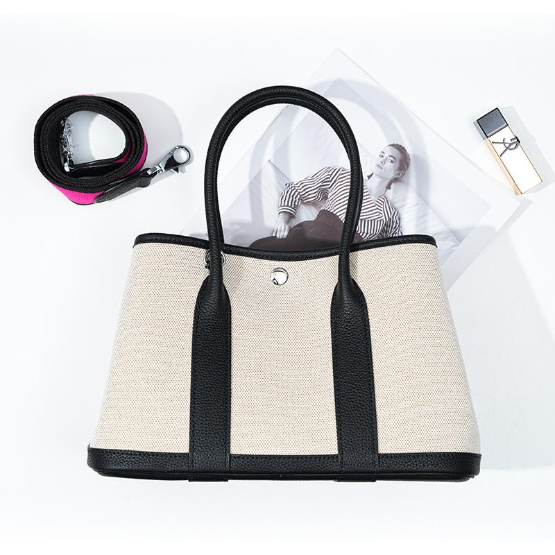 Niche high-end women's leather handbag, first-layer cowhide large-capacity canvas contrasting color garden tote bag