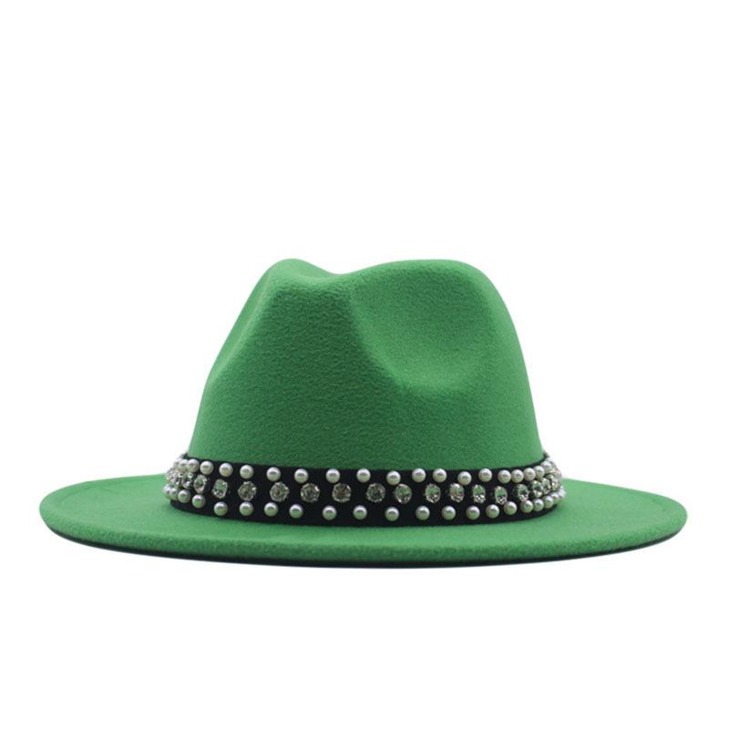 European and American Style Spring and Autumn Winter Imitation Felt Big Edge Hat British Retro Woolen Top Hat Women's Pearl Rhinestone Ribbon Jazz Hat