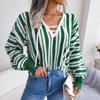 Chic Women's Loose Knitted Sweater with Balloon Sleeve and Contrast Stripe Tie, All Match Tops for Fall Winter