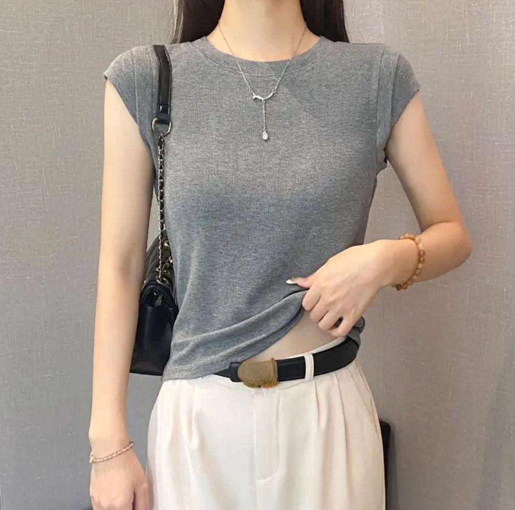 Threaded Round Neck Flying Sleeve T-shirt for Women In Summer Slim Fit Versatile Slimming Short Sleeved Top Versatile Shirt