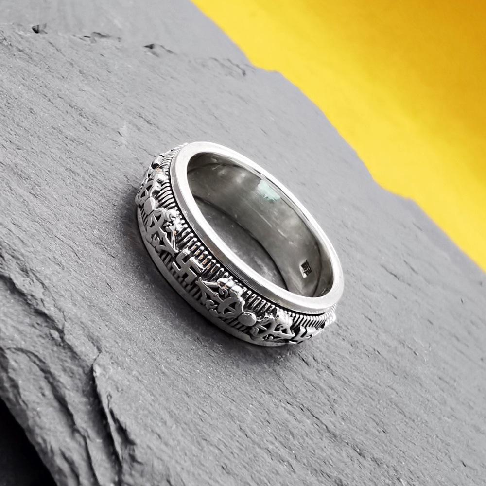 Sterling Silver 925 Rotating Tibetan Mantra Ring - Buddhist Luck Symbol