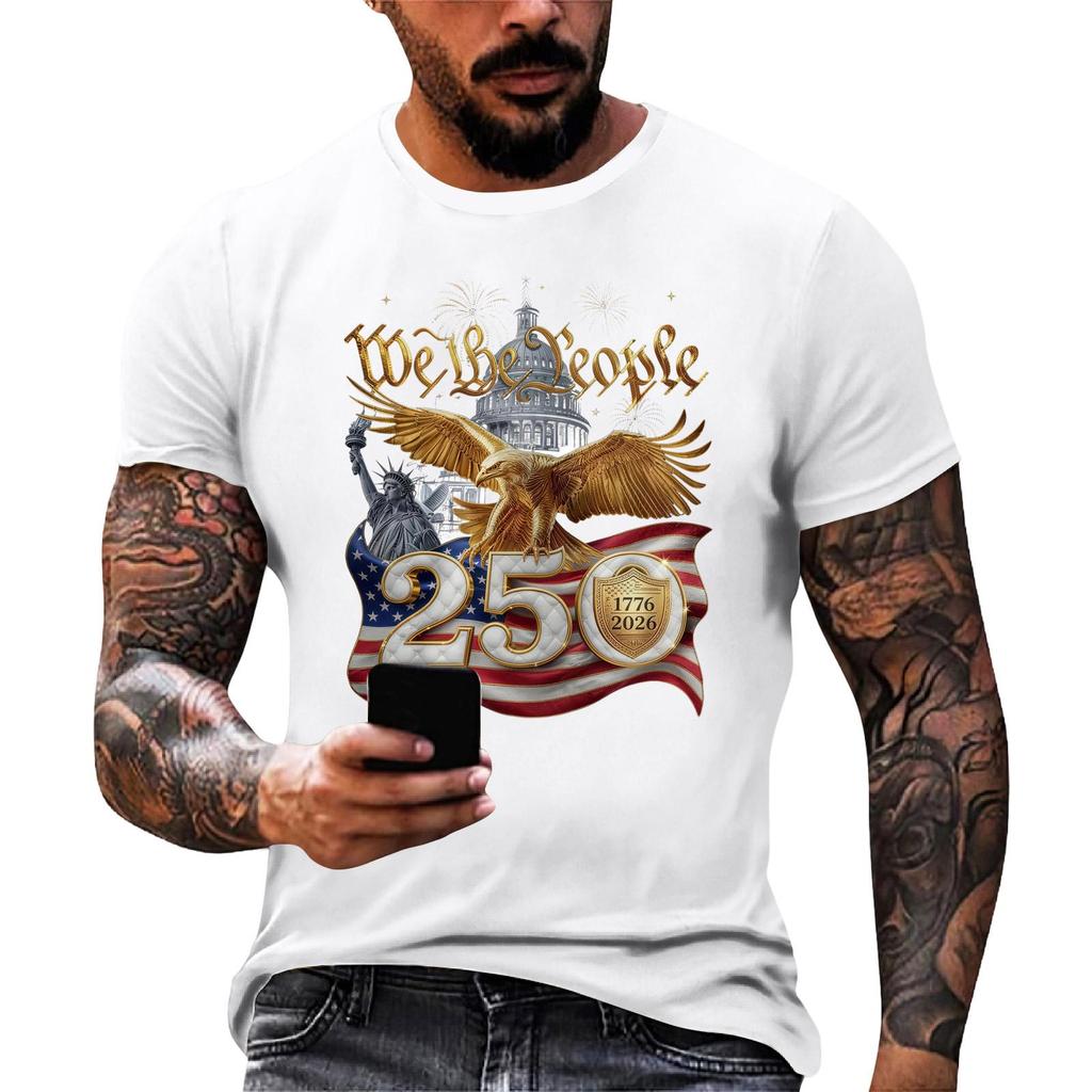 Men's Casual Short Sleeve T Shirt Flag Print Graphic Tee Comfortable Fit Crew Neck Lightweight Fabric
