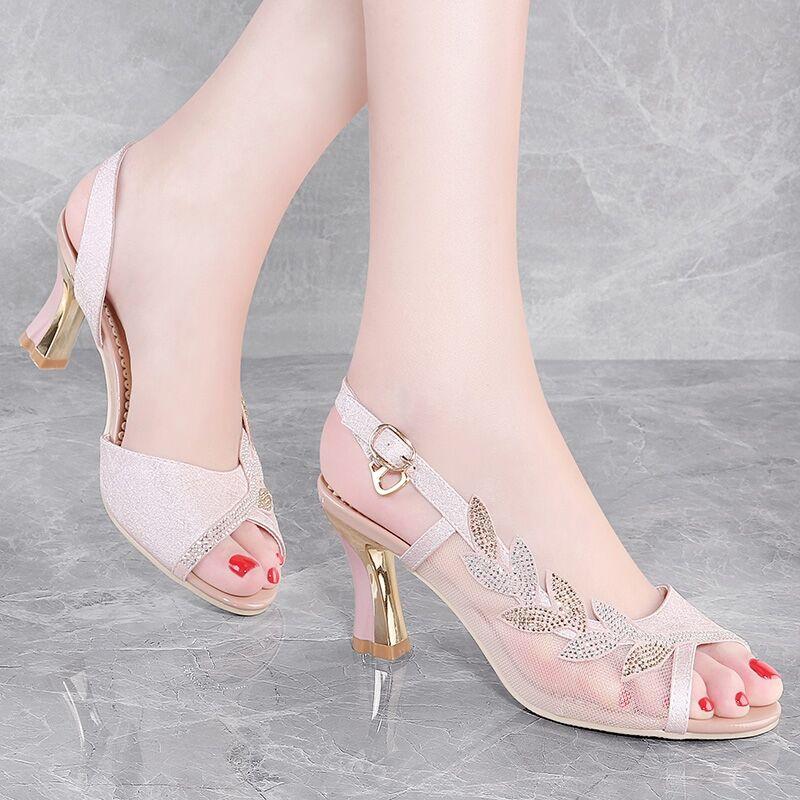 Rhinestones Mesh Hollow Breathable High Heels Women's Sandals Outdoor Chic and Elegant 2025 Luxury Summer Offers Ladies Shoes