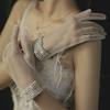 Satin Bride Gloves Short Tulle Wedding Gloves Sheer Wrist Gloves with Bow Faux Pearls for Prom Evening Opera Tea Party