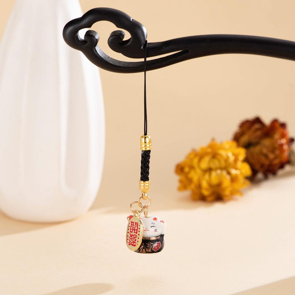 Chinese Style Ceramic Lucky Cat Phone Charms Metal Fortune Maneki Neko Phone Chain Cartoon Trinket Lucky Cat Pendant