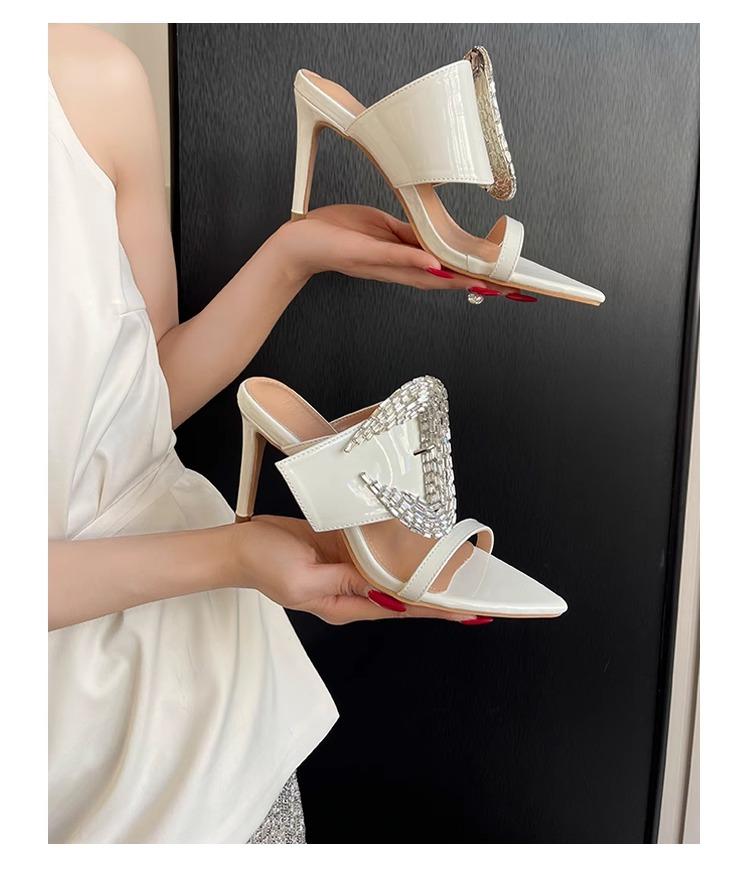 Fashion Higher Quality Crystal Buckle High Heels Summer Sexy Pointed Toe Thin Heel Slide Sandals Elegant Open Toe Wedding Bridal Shoes