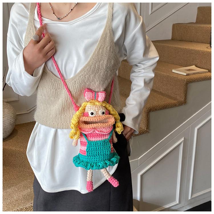 Cartoon Plush Woolen Phone Bag For Women With Knit Design And Shoulder Strap