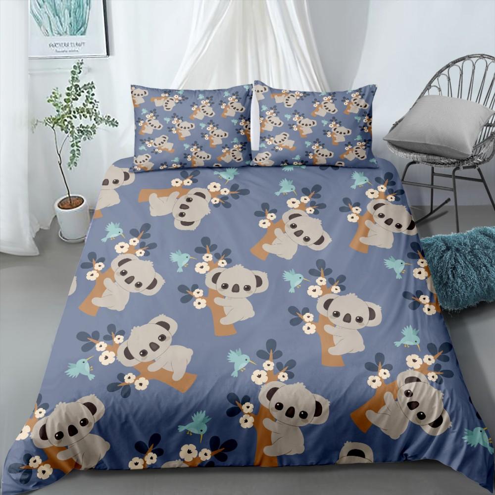 3D Koala Duvet Cover Set Microfiber Cartoon Leaves Baby Bear Australian Wildlife Themed  Bedding Set Queen Size Comforter Cover