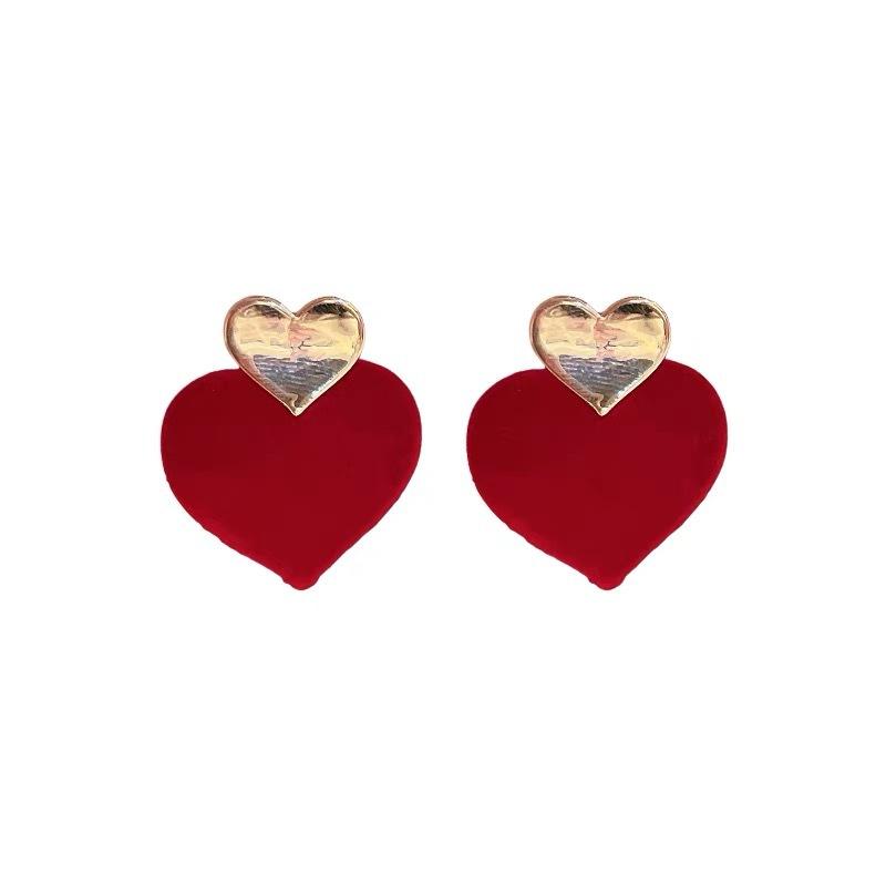 Red Flocking Love Simple High-end Earrings Retro New Atmosphere Earrings Fashionable Atmosphere Versatile Earrings