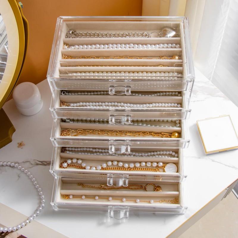 Velvet Necklace Storage Box Clear Acrylic Stackable Jewelry Organizer With Lid Dustproof
