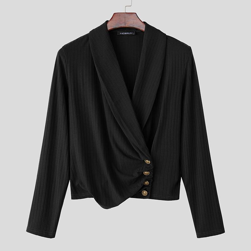 INCERUN Mens V Neck Front Cross Long Sleeve Thin Casual Rib Short T-shirts Tops