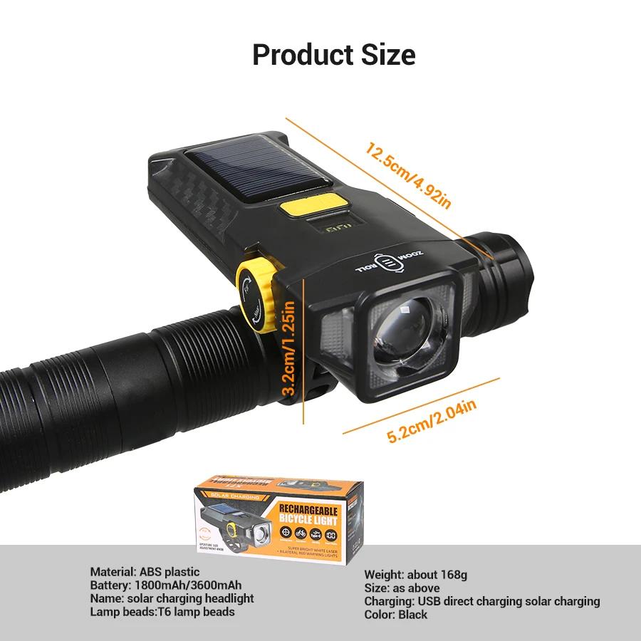Bike Zoom Headlight 3600mAh Solar Power Bicycle Front Light Highlight LED Light with COB Red Side Lamp Durable Cycling Lights