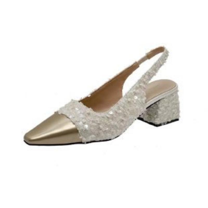 Fragrant Style Color Matching Square Head Thick Heel High Heel Single Shoes Women's New Elegant Temperament Light Mouth Empty Bag Head Sandals
