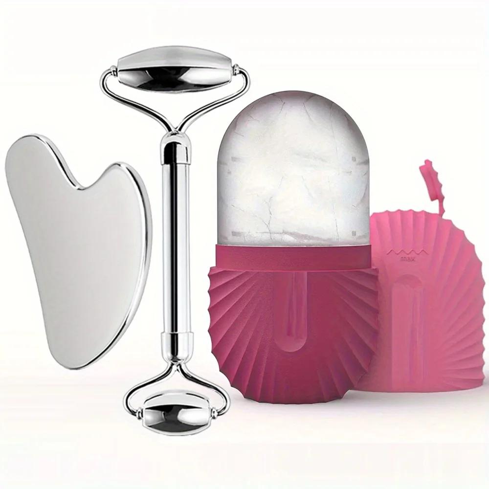 3in1 Stainless Steel Ice Face Roller & Gua Sha Facial Skincare Tool Kit Face Lifting Facial Treatment Reduce Acne Skin Care Tool