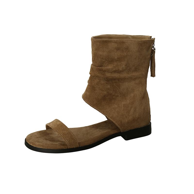 Нішеві ворсисті чоботи однослівні босоніжки на середньому підборі 2025 корейська версія літо нові з відкритим носком на одній педалі товстий підбор римські круті чоботи жіночі