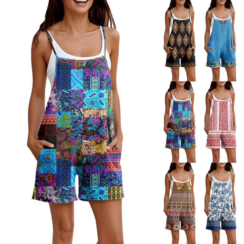 Rompers For Women Summer Casual Sleeveless Overall Comfy Loose Spaghetti Strap Romper Fashion Jumpsuit With Pockets