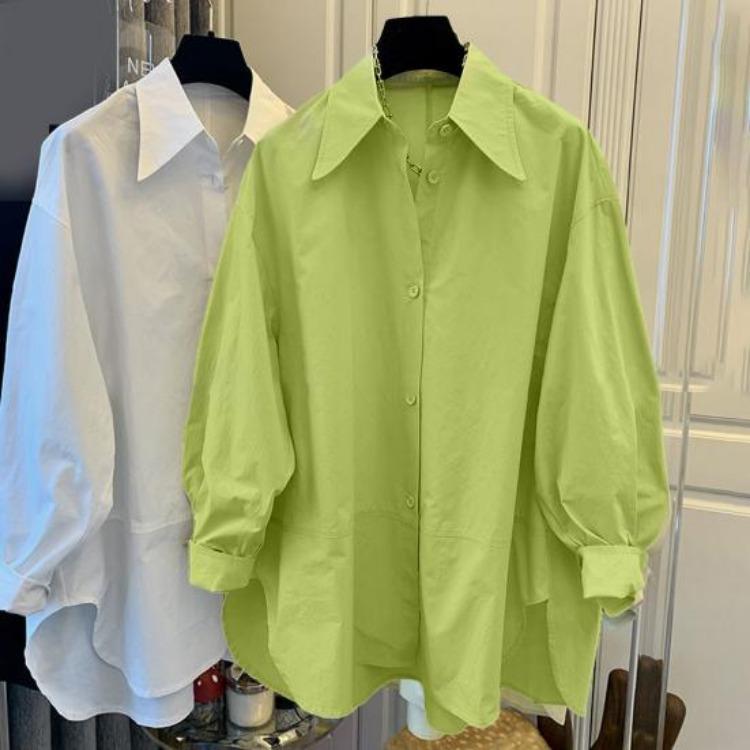 Long Sleeve Womens Shirt Loose Fit Blouse Cotton Solid Color Pointed Lapel Collar Spring Autumn Top for Work Travel Parties