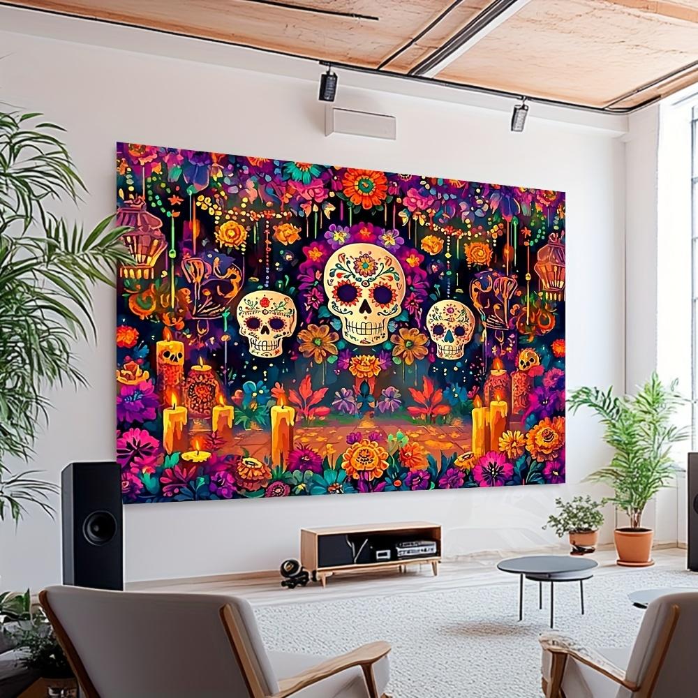 1PCS Vibrant Day of the Dead Sugar Skull and Flower Tapestry - Colorful Day of the Dead Design