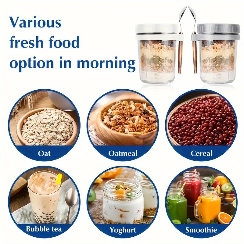 4pcs 11.83oz Glass Oatmeal Cup with Spoon, Breakfast Cup with Scale, Portable Breakfast Salad Jar, Yogurt Container, Storage Tank for Family Dining