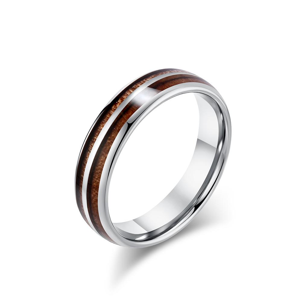 Tungsten Steel Parquet Leather Ring Ring, Tungsten Gold Fashion High-end Double Slot Wood, Male and Female Couples Ring 6#