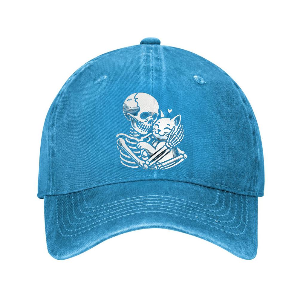 Skeleton Hugging Cat Print Baseball Cap Cotton Adjustable Curved Brim Dad Hat Casual Unisex