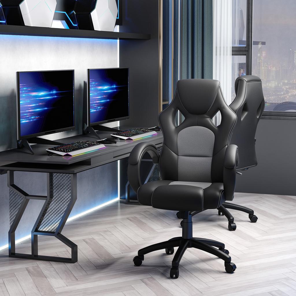 Office Chair Faux Leather Swivel Computer Desk Chair for Home Office with Wheels Armrests Black