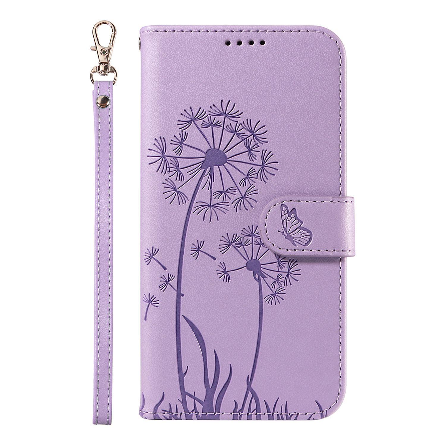 

Leather Wallet Flip Case For Samsung Galaxy M15 M55 M62 M35 M33 M53 M52 M56 M10 F15 F62 Xcover 7 5G Dandelion Embossed Design, Card Slots, Wrist Strap Galaxy XCover7 фиолетовый