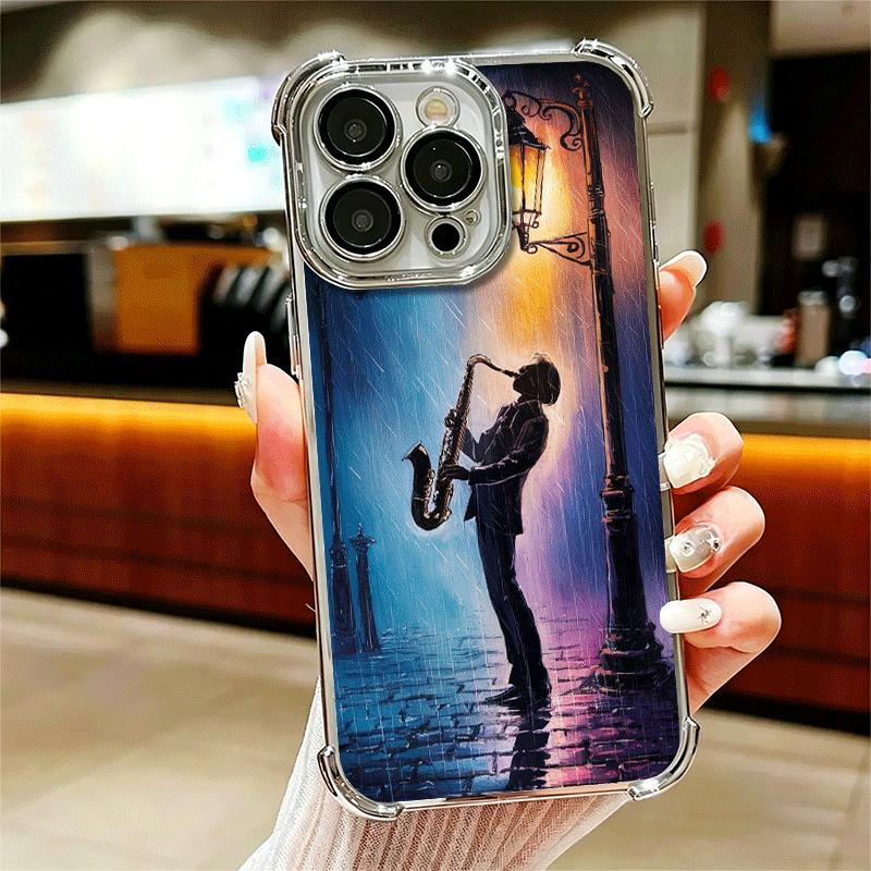 

Saxophone Instrument Music Soft Phone Case For iPhone 15 16 17 Air 14 Pro Max 16E Plus 13 12 Mini Plating Anti-Fall Fundas iPhone 17 Pro Max