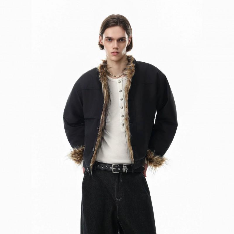 Winter Fleece Lined Cotton Puffer Jacket Men Vintage American Style Warm Coat With Fur Collar