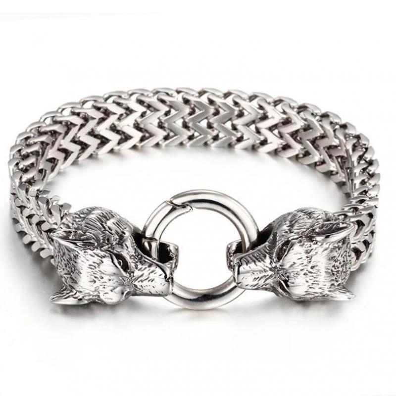 Stainless Steel Retro and Individual Viking Wolf Head Bracelet - Wolf Head Personality Trendy Accessories for Men