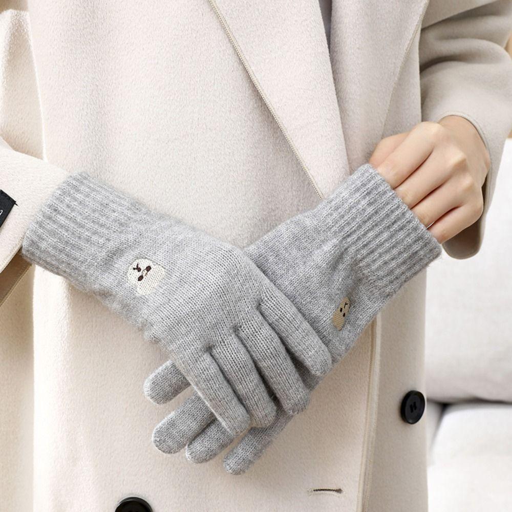 New Warm Winter Knitted Gloves Solid Color Bear Touch Screen Gloves Windproof Cycling Gloves Women