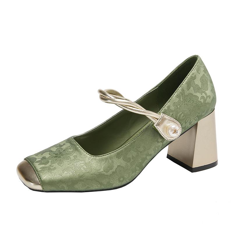 Mode Élégant Escarpins à bout carré Femme Chaussures Mary Jane Design Imprimé Mode Française Talons hauts peu profonds Talons carrés Femme Chaussures de ville